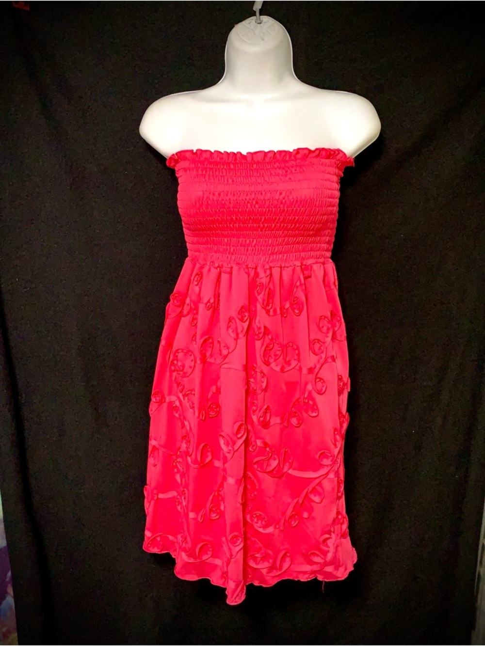 Women’s Strapless Smocked Dress Size Small Pink Floral Chiffon Midi USA Made
